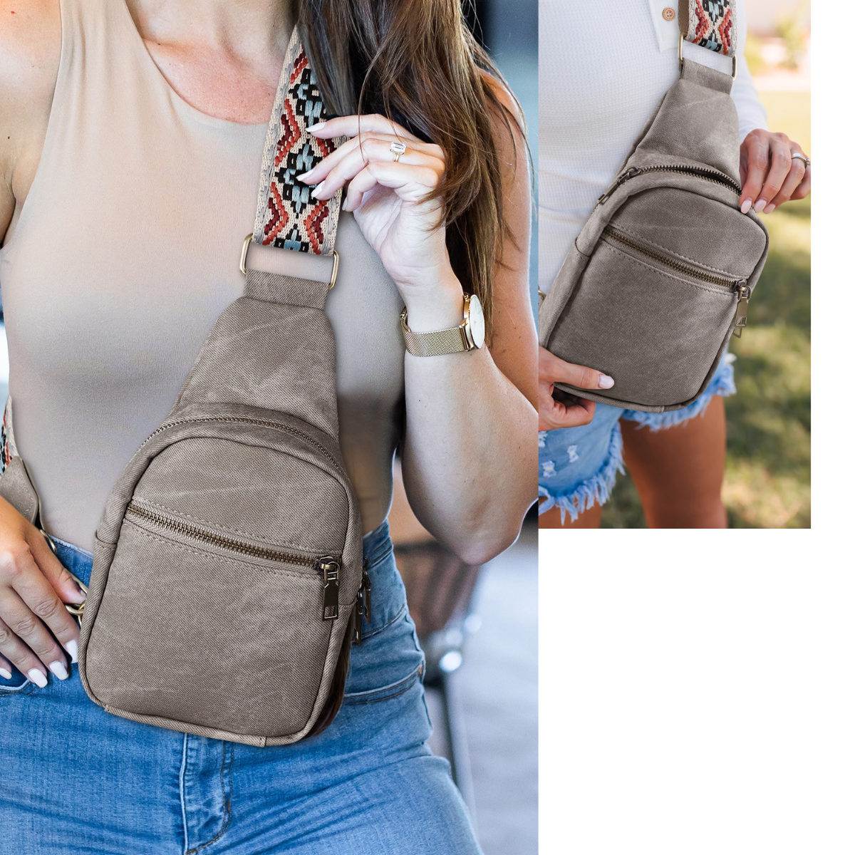 Two women show off their stylish FASHION GO sling bags, distinguished by their Geometric Print Strap and multiple pockets. One woman pairs hers with a sleeveless top and jeans, while the other complements her look with a white top and denim shorts. These bags add a trendy flair to their outfits.
