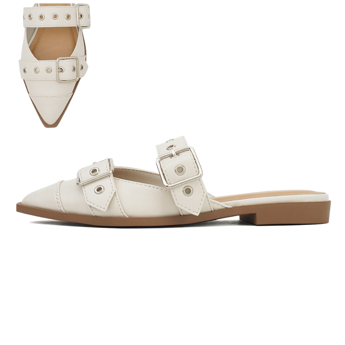 Introducing the Unusual Pointed Toe Ballet Flat/Mule in Off White by Soda from Fortune Dynamic: a chic off-white shoe with a pointed toe, featuring two buckled straps adorned with metal eyelets and a flat rubber sole. Perfect for adding a touch of elegance to your fall looks.