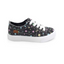 The Blowfish Multi Star Dazzle Clay Kids Sneakers by BLOWFISH feature a black design with white soles, functional laces, a colorful star pattern, and cushioned footbed for ultimate comfort.
