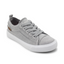 The Metro Jersey Kids Blowfish Tennis Shoes by BLOWFISH feature a gray jersey upper, white rubber sole, gray laces, and stitched detailing, shown from a front-side angle; stylish canvas sneakers for kids.