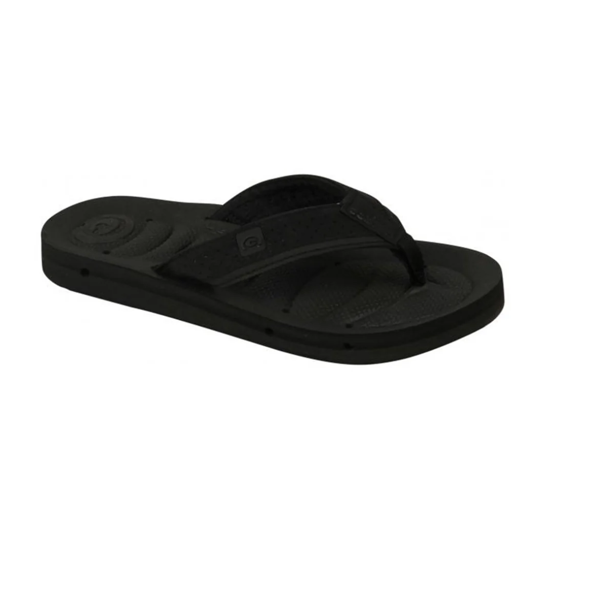 The COBIAN Kids Draino2 flip flops in Black feature a textured insole and wide strap on a white background. They include an innovative drainage system for quick drying and comfort.