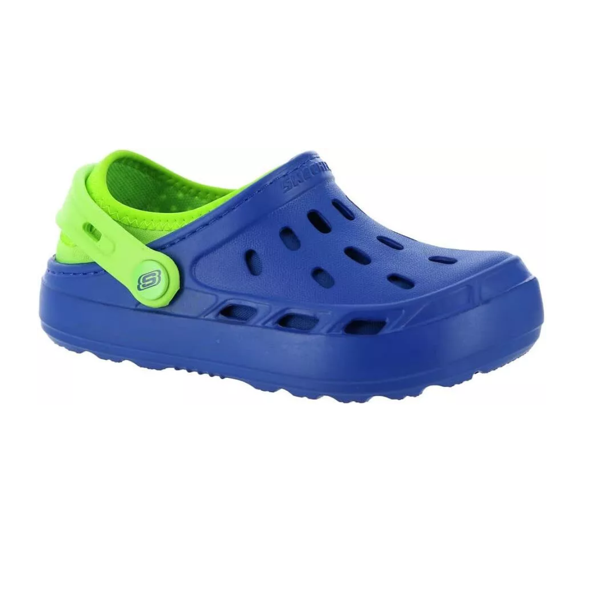 The Kids Foamies Swifters in Blue by SKECHERS feature slip-on clog sandals with cut-out holes and an adjustable heel strap for a cushioned footbed experience.