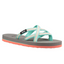 The Kids Teva Olowahu Flip Flops in Sea Glass Coral by TEVA have crisscross straps in teal and coral, accented with a black TEVA logo on a thick gray sole.