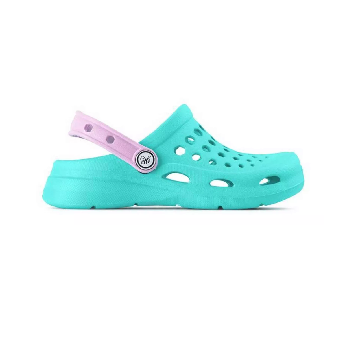 The Fashion Go Joybees Active Clog Island Aqua is a turquoise kids' sandal with a pink adjustable heel strap and ventilation holes, shown side view on white. Lightweight and easy to clean, it offers comfort and durability for daily adventures.