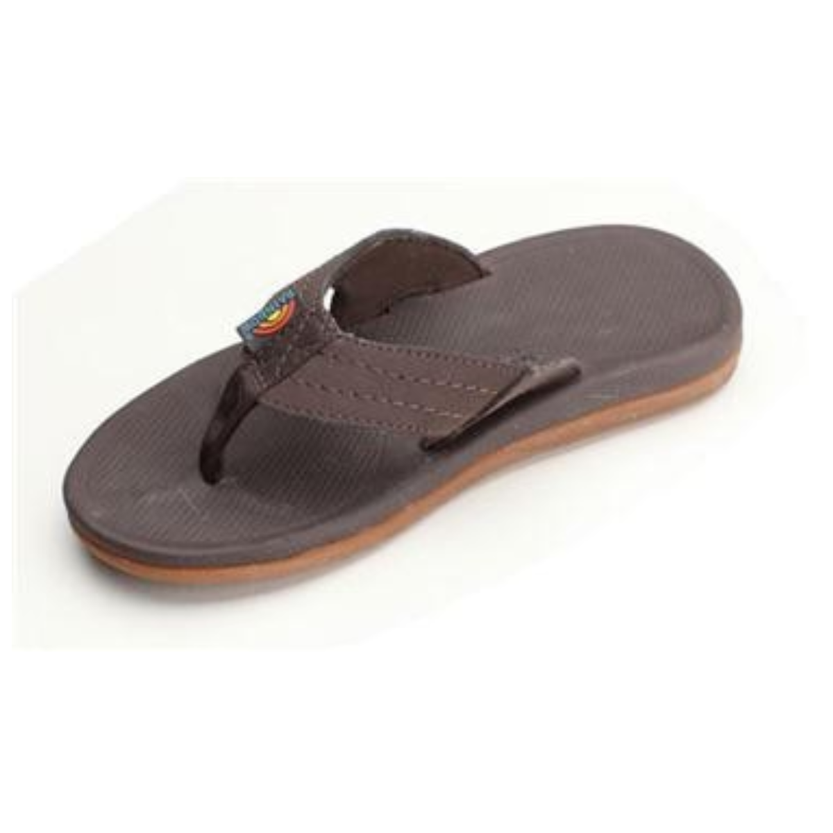 The Kids Rainbow Kidscapes Flip Flops in Dark Brown by RAINBOW SANDALS feature a leather strap, a small multicolored logo tag, and a non-slip gum rubber sole.