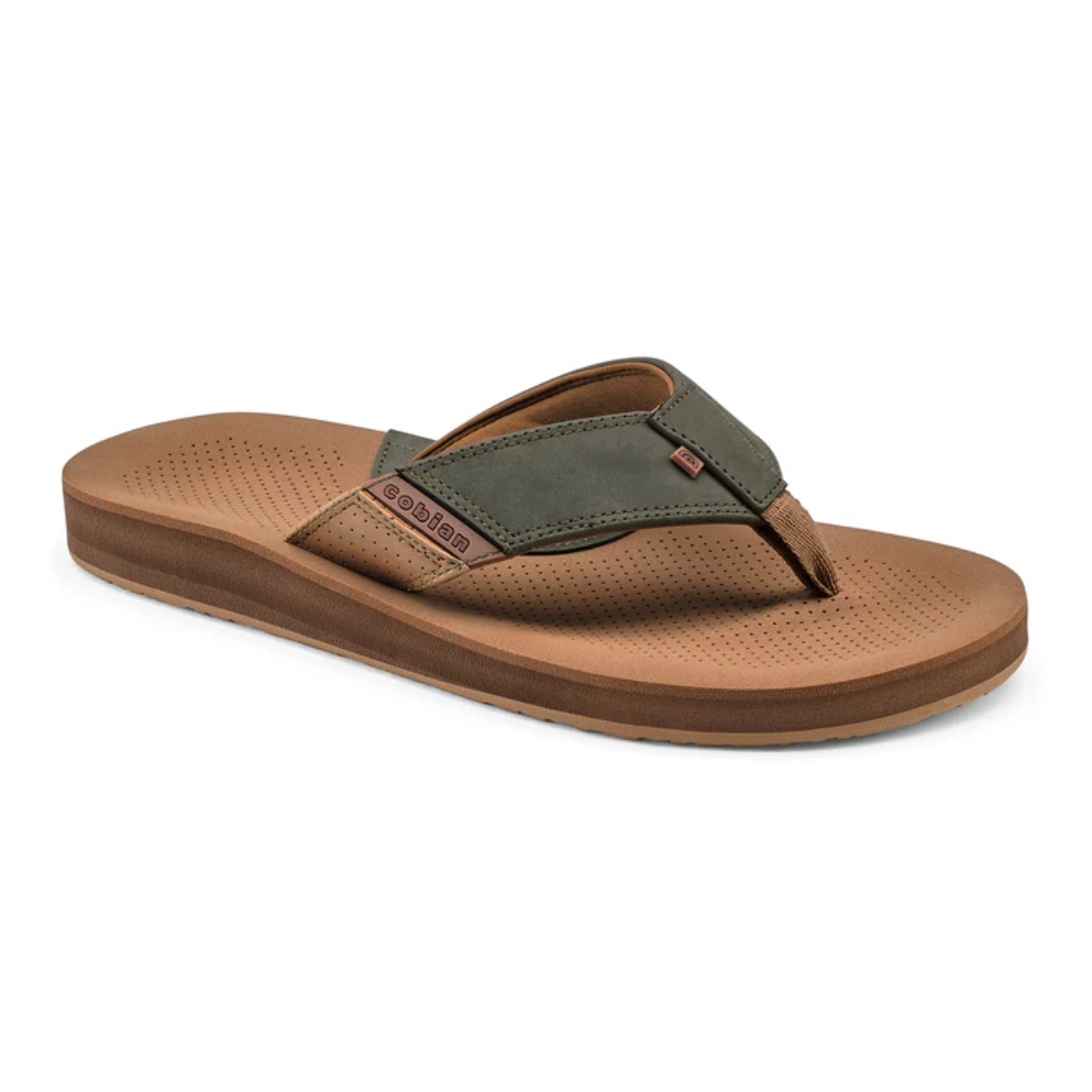 The ARV 2 Men's Flip Flop in Sage by Cobian features a comfortable green synthetic leather strap, an EVA top sole, a textured sole, and small logo detailing.