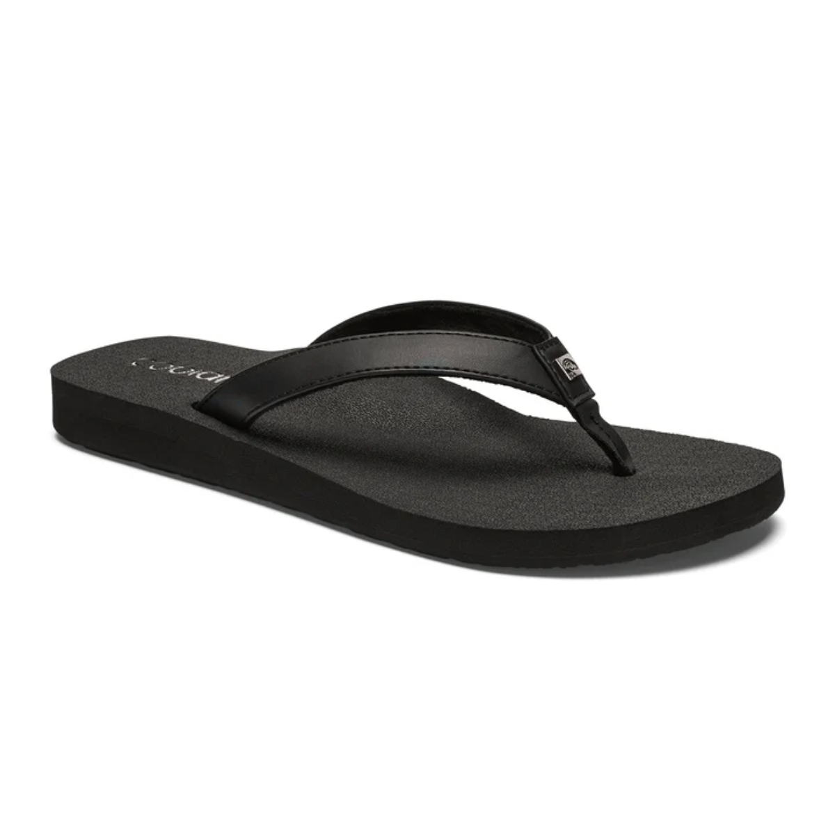Introducing the Skinny Bounce 2 Flip Flops in Black by COBIAN, featuring a sleek, comfortable design. Its textured footbed ensures ultimate comfort, while the stylish logo on the strap adds a touch of elegance.