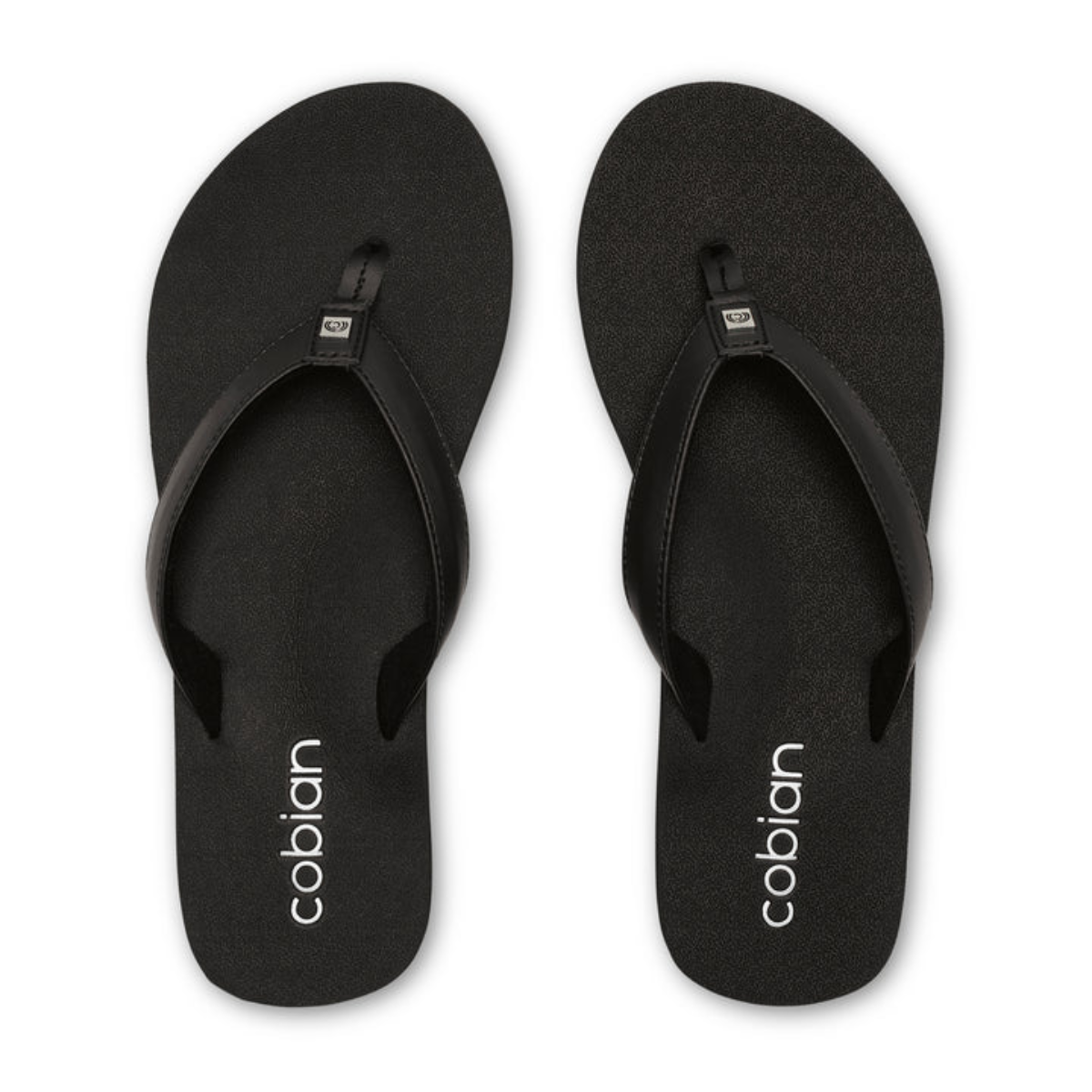 Black Cobian Skinny Bounce 2 Flip-Flops with full arch support and "Skinny Bounce 2" in white on the footbeds are shown against a plain white background.