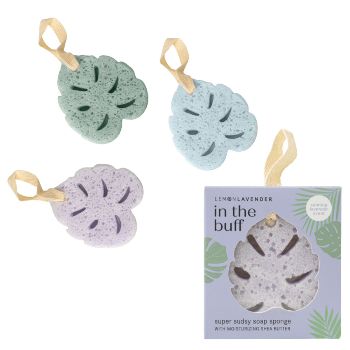 DM MERCHANDISING INC's In the Buff Super Sudsy Soap Sponge set includes three leaf-shaped sponges in mint, blue, and lavender with hanging loops. Boxed branding emphasizes moisturizing shea butter. These are vegan, cruelty-free, and offer high-quality exfoliation for a luxurious cleanse.