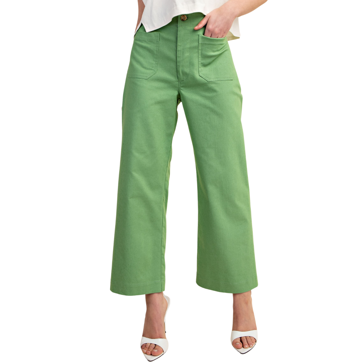 A person is wearing FASHION GO's Ankle Cropped Pants in Apple Green and white open-toe heels, partially visible against a white background.