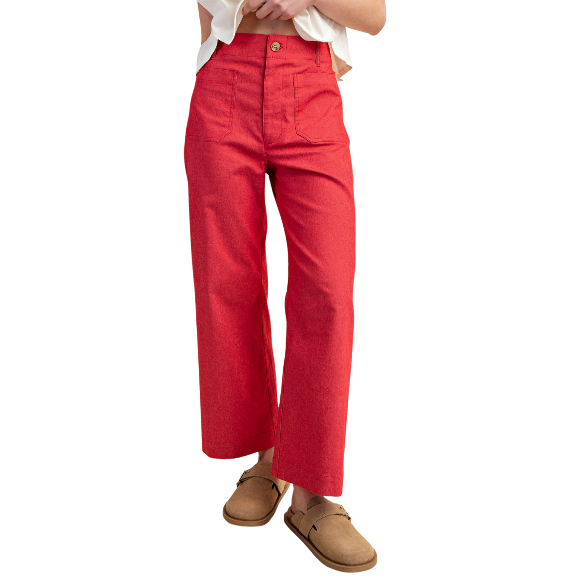 A person wearing FASHION GO's Ankle Cropped Pants in Raspberry and a white shirt stands with hands tucked in pockets, displaying visible brown slip-on shoes.