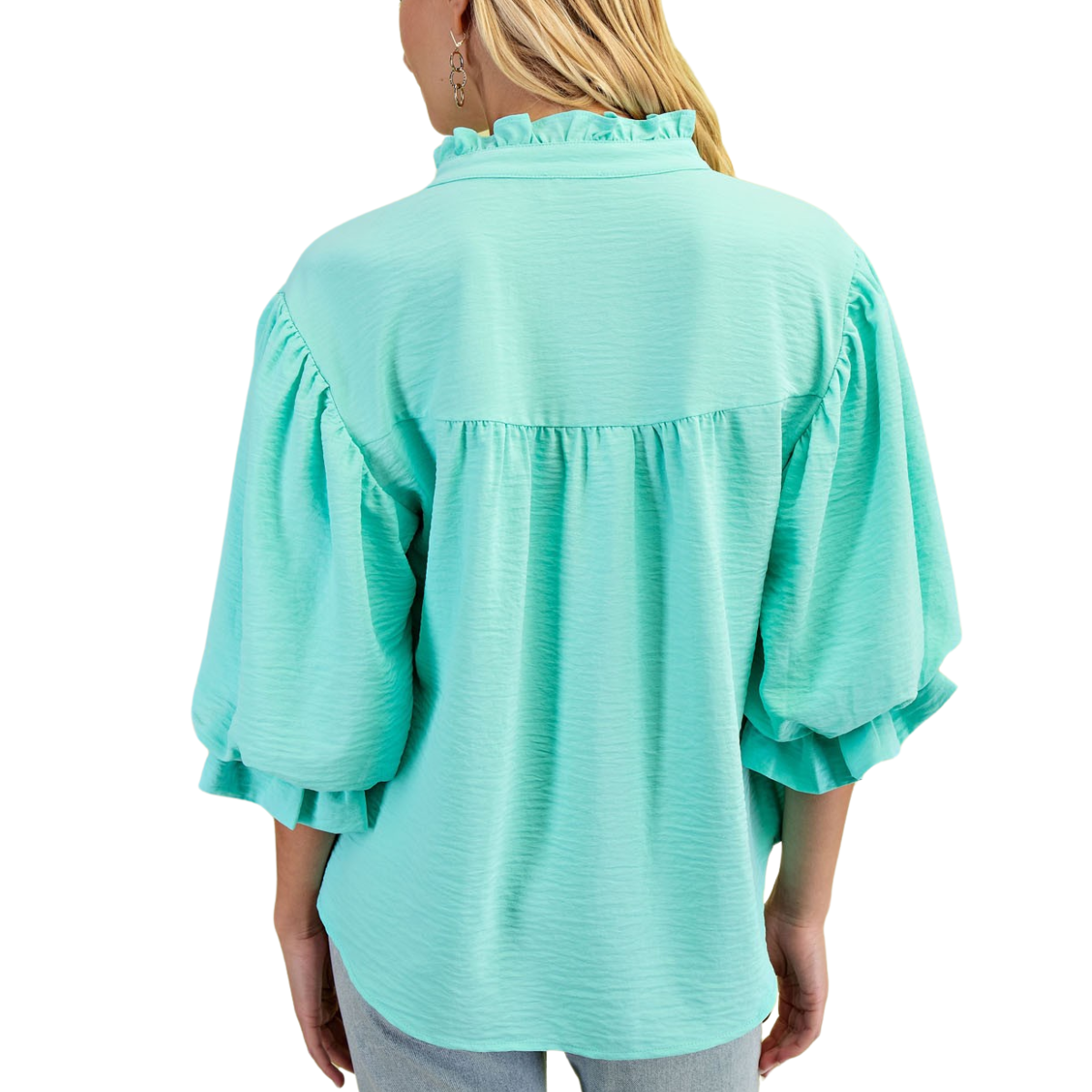 A woman is seen wearing a FASHION GO 3/4 Length Gathered Balloon Sleeve Blouse in light teal polyester with elegant ruffled sleeves and collar, her back turned.