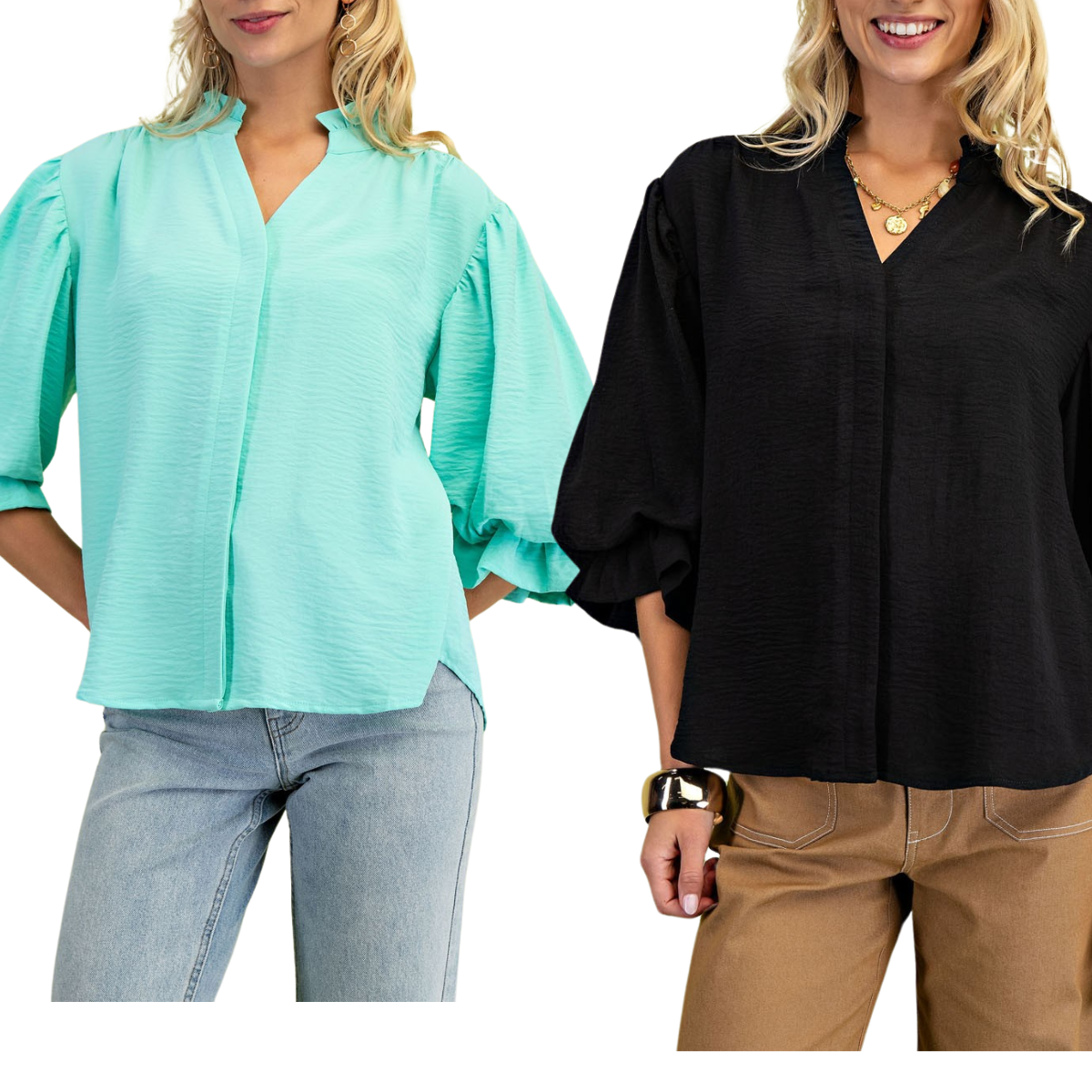 Two women wear FASHION GO blouses from the 3/4 Length Gathered Balloon Sleeve line. One is in light blue with light jeans, and the other in black featuring a rounded back yoke with brown pants. Both are crafted from 100% polyester for comfort and style.