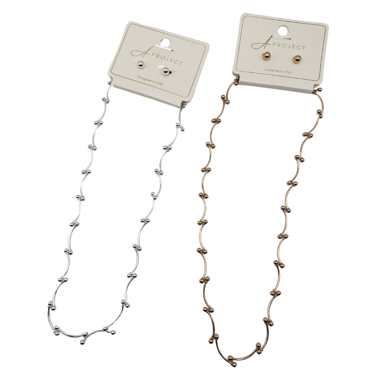 Two SPECIAL EFFECTS Curved Link Chain 18 inch Necklaces with matching earrings in silver or gold tones, elegantly packaged on cards, are perfect for enhancing any outfit.