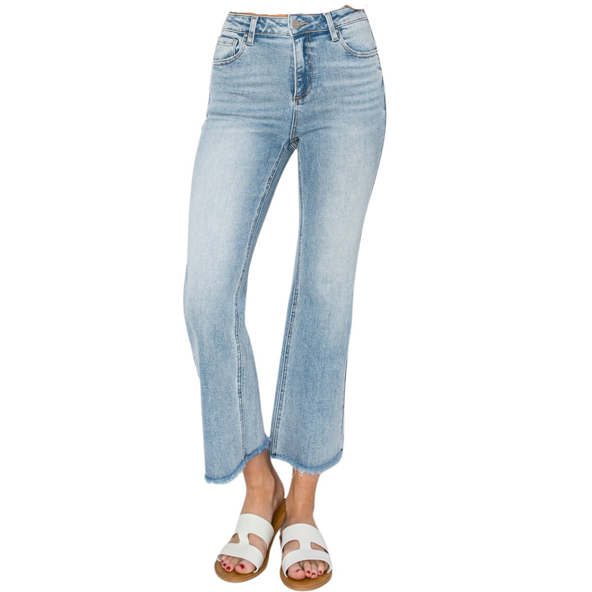 A person stands casually with hands in pockets, wearing FASHION GO's light blue High Rise Crop Straight Jeans by Risen, paired with white sandals.