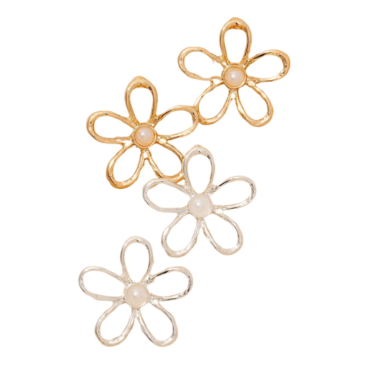 FASHION GO's Pearl Studded Flower Earrings include four earrings with exquisite flower stud designs: two gold pairs featuring pearl-studded centers and two silver pairs, each with a lustrous pearl at the heart.