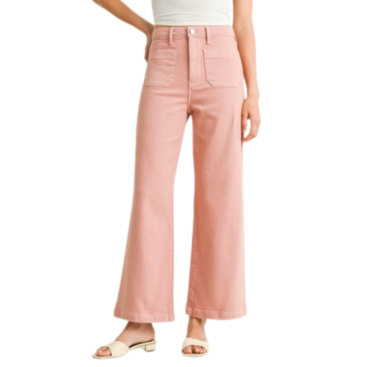 A person is wearing FASHION GO's patch pocket wide-leg jeans in pink, paired with a white sleeveless top and sleek white open-toe sandals.