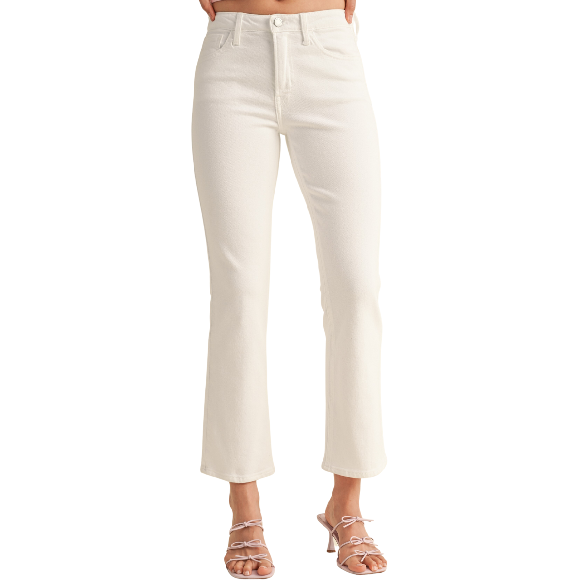 A person in FASHION GO's Slim Cropped BootCut Jeans in Optic White and strappy high-heeled sandals stands against a plain background.