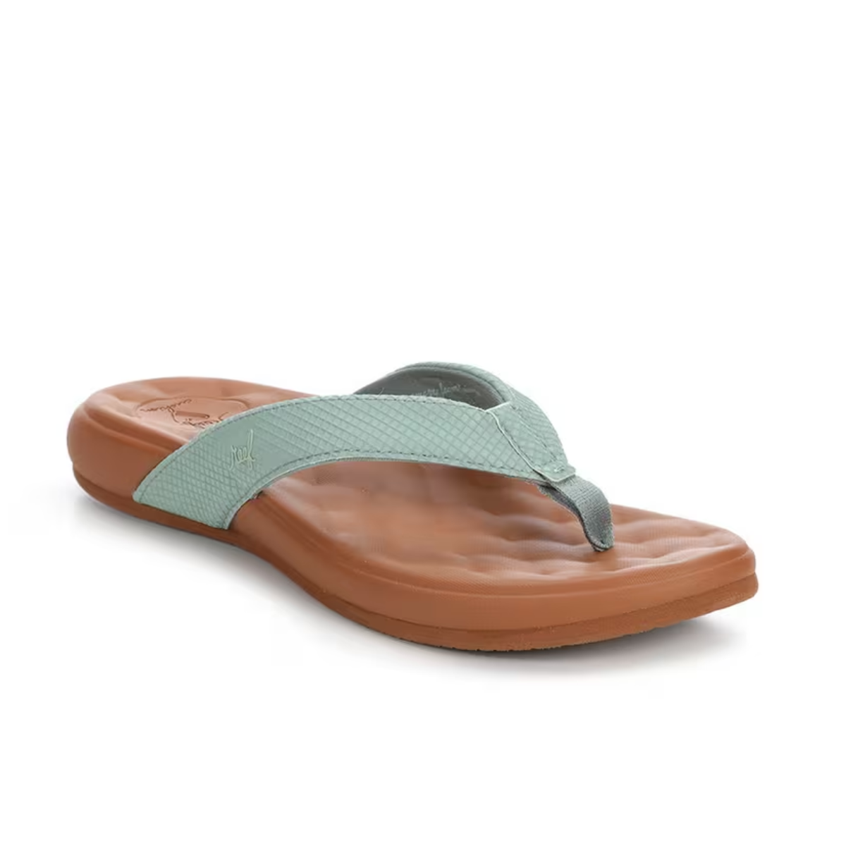 A single Reef Frosty Cushion Melody flip flop, with a light blue strap and brown sole, viewed from an angle, highlights Cushion Harmony technology for enhanced comfort.