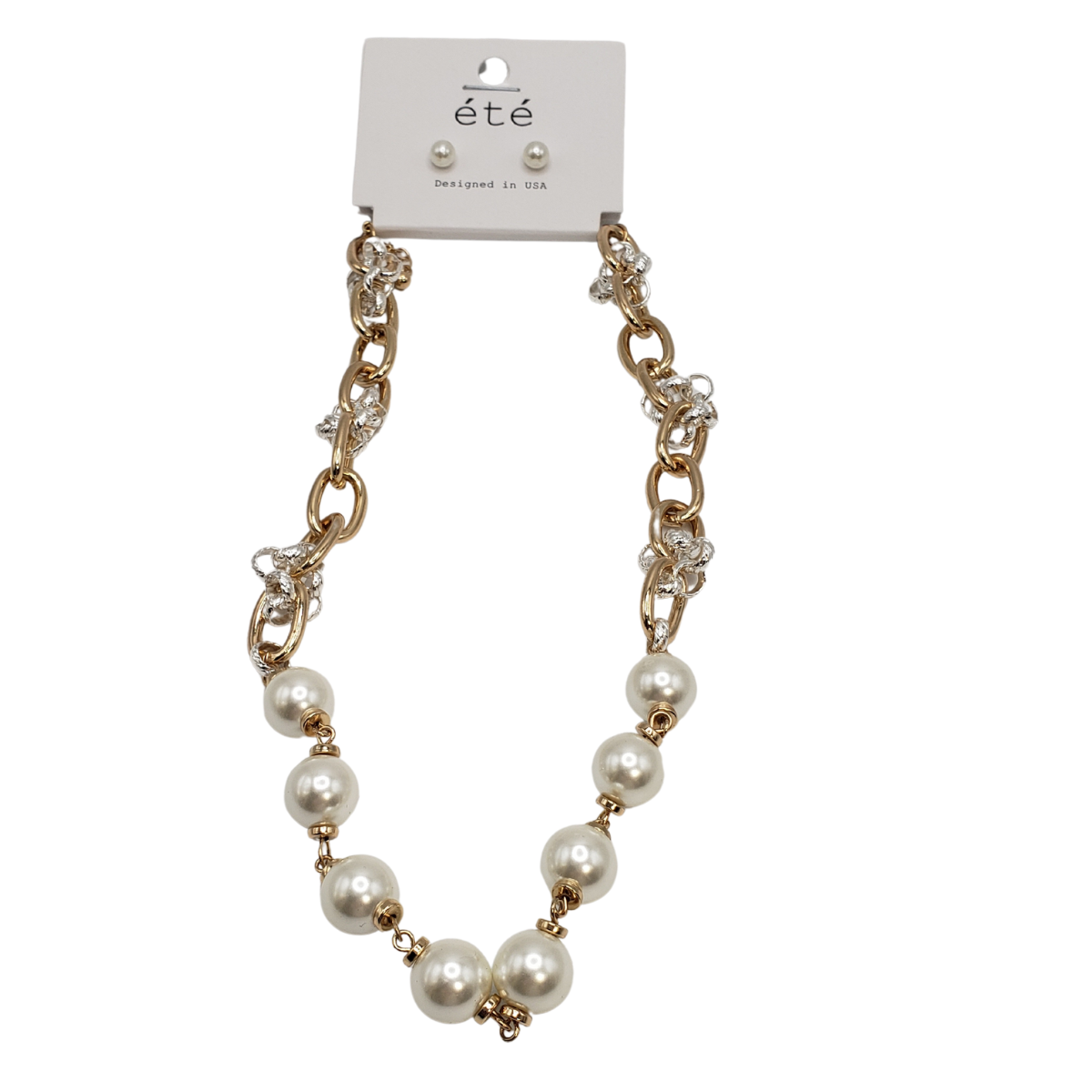 SPECIAL EFFECTS Pearl and 2 Tone Chain Link Necklace, featuring large white pearls and rhinestone accents, comes elegantly displayed on a branded card. Pair it with matching pearl earrings for a timeless look.