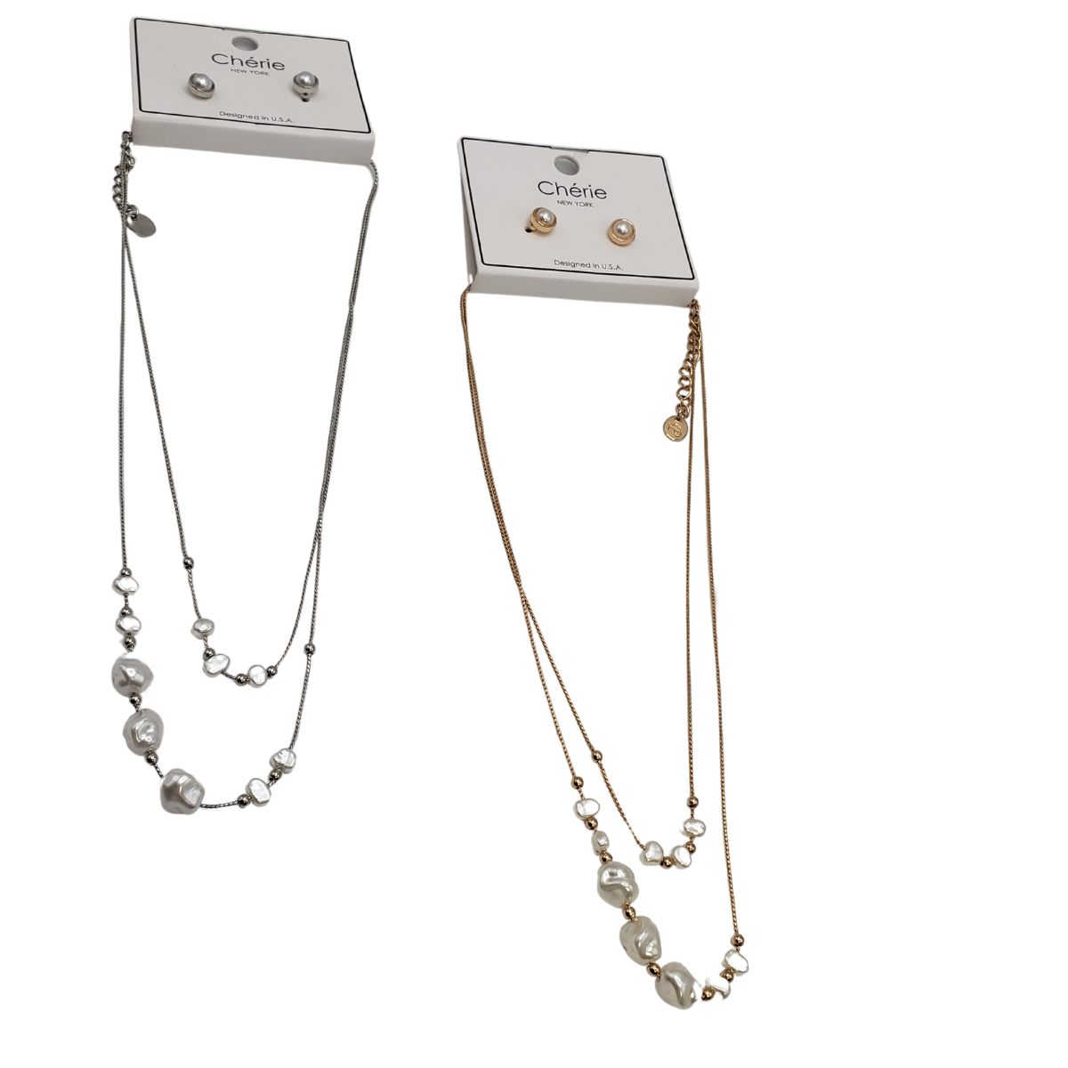 Two jewelry sets on display cards: one with a silver necklace adorned with freshwater pearls and matching studs; the other featuring SPECIAL EFFECTS' 18" 2 Row Pearl and Chain Necklace in gold with pearls, along with coordinating stud earrings.