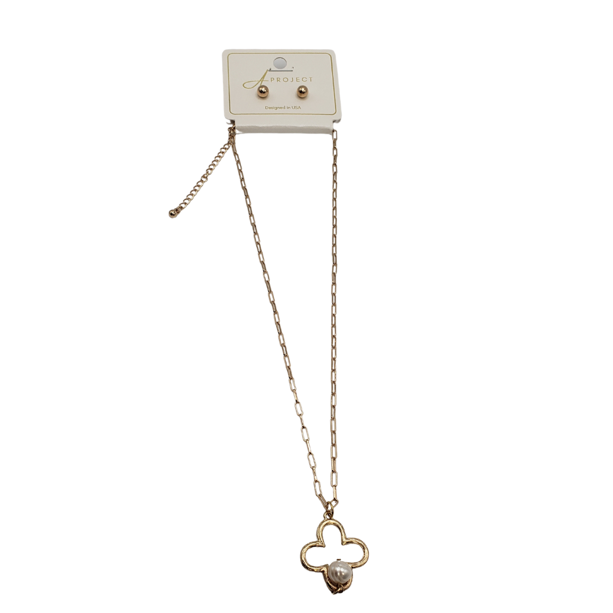 The SPECIAL EFFECTS Gold Clover Shape and Drop Pearl Necklace harmonizes beautifully with gold stud earrings.