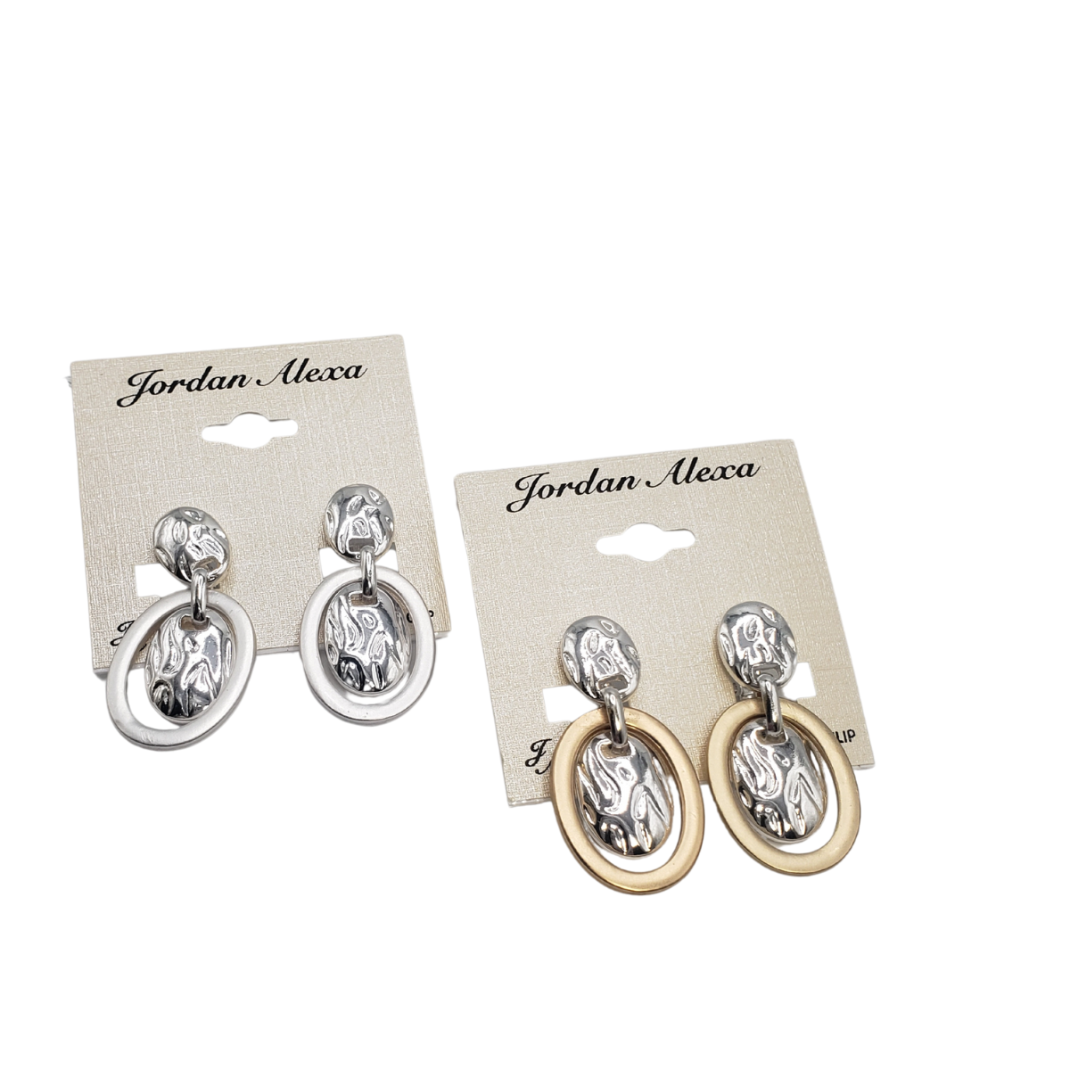 Two pairs of Special Effects Drop Oval Clip On Earrings; one silver, one gold. With textured ovals and smooth loops in matte metal, these earrings are elegantly set on beige cards.