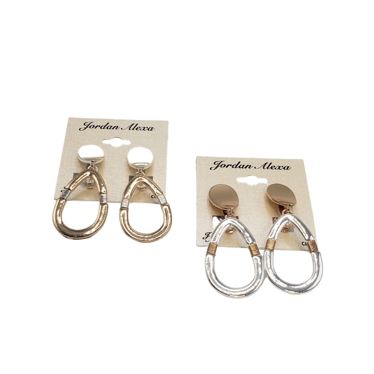 Two pairs of Jordan Mexa earrings on display cards include one gold-toned pair with oval loops and a tab top, and another featuring SPECIAL EFFECTS silver-toned Cut Out Teardrop 2 Tone Clip-On Earrings with small circular posts.