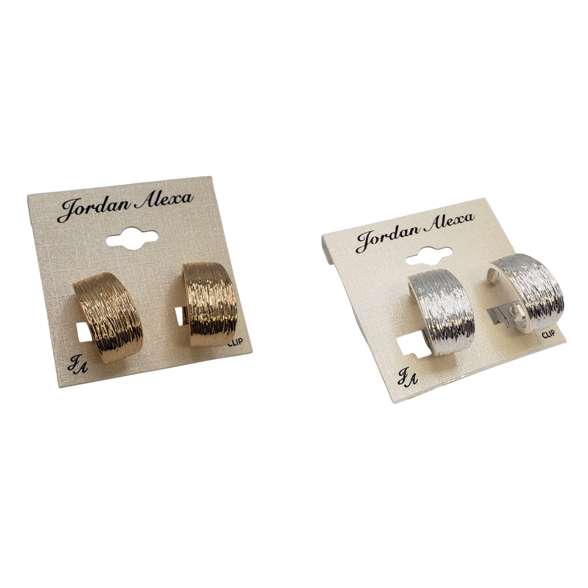 On display are two pairs of stylish clip-on earrings from SPECIAL EFFECTS on elegant cards. One pair has small gold-colored hoops, and the other features thick silver-colored hoops, both labeled "Etched Hoop Clip on Earrings.