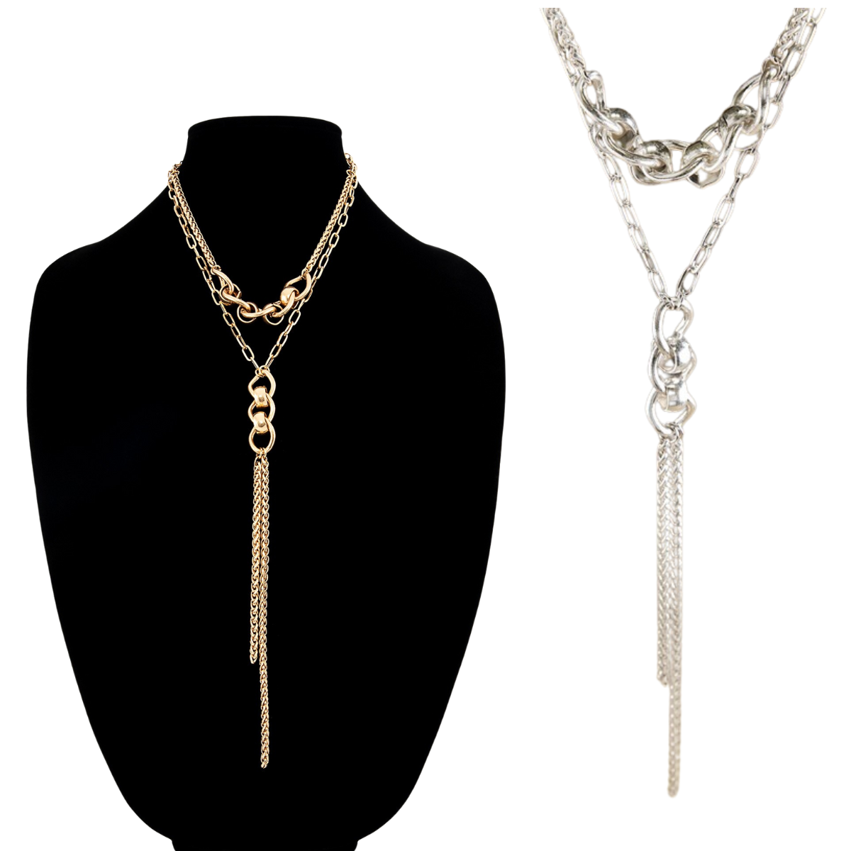 Flipflops & Whatnots' Metal Y Shaped Necklaces, featuring gold and silver chains with layered designs, are displayed on a black stand and set against a white background.