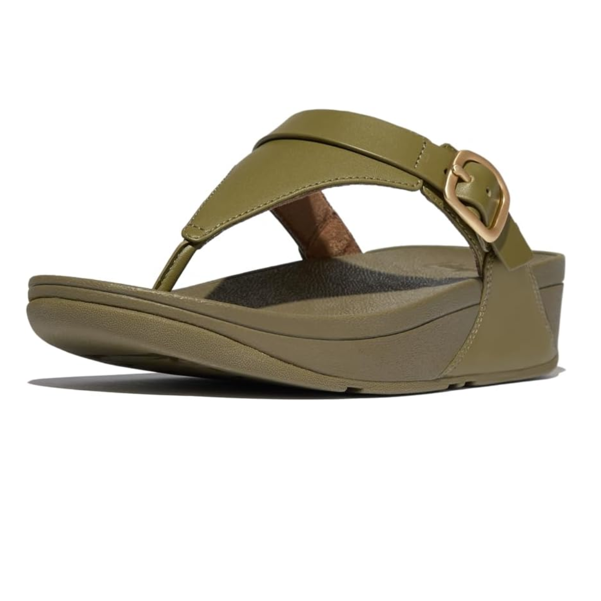 The Lulu Adjustable Leather Flip Flop by FITFLOP USA LLC features a camo green microfibre-lined upper with an adjustable gold buckle and a slip-resistant rubber wedge sole.