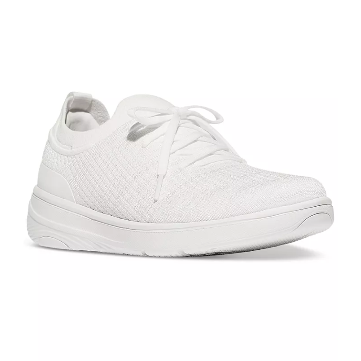 The FITFLOP USA LLC Super Q Knit Slip-On Laced Sneakers in Urban White feature a knitted upper, lace-up design, and textured sole, providing breathable comfort and a cushioned footbed for everyday wear against a white background.