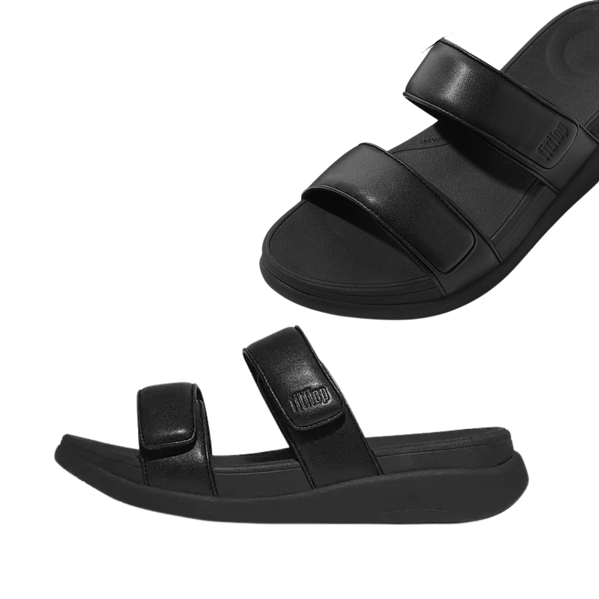 The F-Mode Go Adjustable Flatform Two Bar Slides in Black by FITFLOP USA LLC feature an ergonomic design with two adjustable straps and cushioned soles, shown from top and side views.