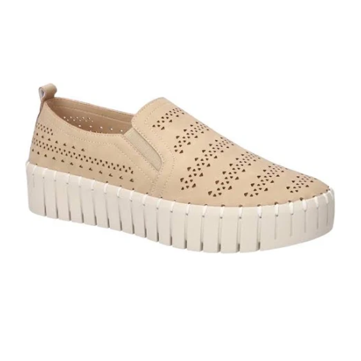The EASY STREET Peppy Platform Slip On Casual Sneaker in Natural features a perforated design with a thick white ridged sole and a removable insole for added comfort.