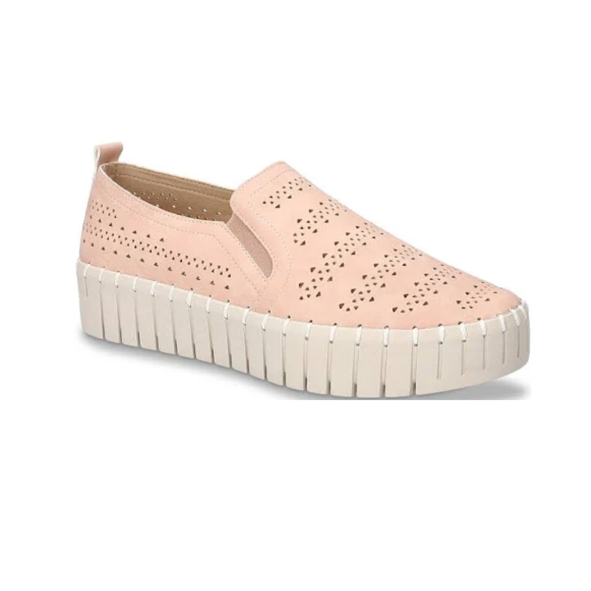 Discover the EASY STREET Peppy Slip-On Platform Sneaker in Blush, featuring a perforated design and thick white sole. Enhanced with Comfort Wave construction, it perfectly blends style and comfort for everyday adventures.