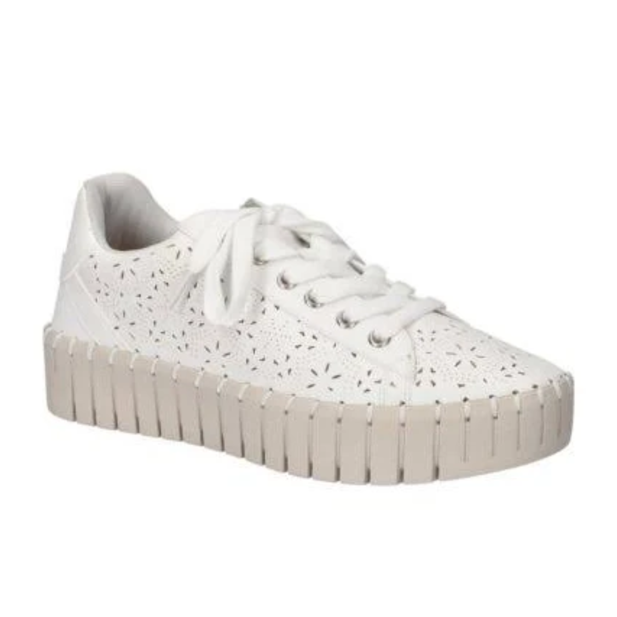 The Retta Lace Up Platform Tennis Shoe by EASY STREET is a side-view white sneaker featuring decorative cutouts and a thick beige sole.