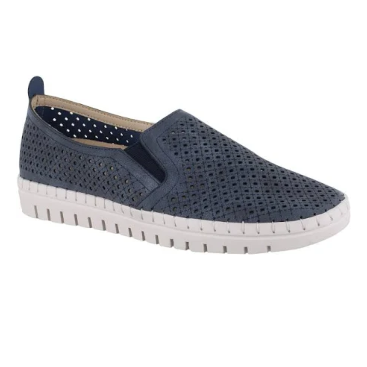 Navy Fresh Slip On Tennis Shoe Sneaker by EASY STREET with perforated design and white sole, featuring ultra-light Easy Motion comfort technology.