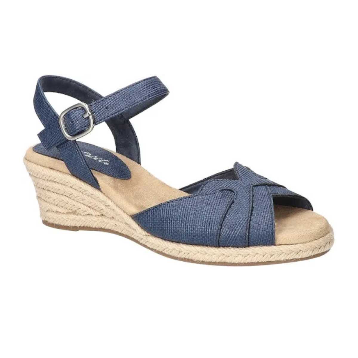The Miramar Low Wedge in Navy by Easy Street features an adjustable buckle and ankle strap, woven design, layered upper, and a beige sole with espadrille detailing.