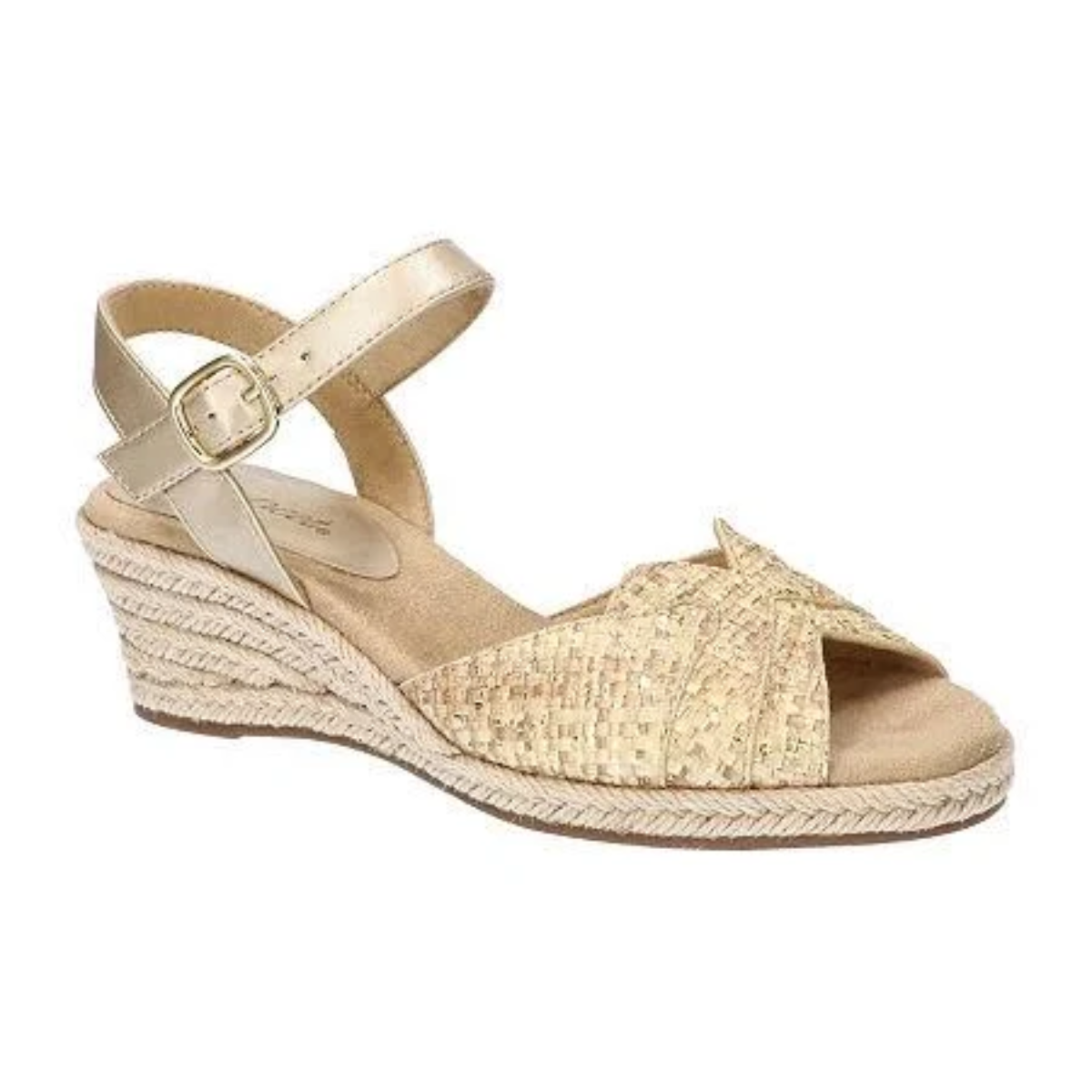 The Miramar Low Wedge in Natural Metallic by EASY STREET features a woven texture, ankle strap, and peep toe design.