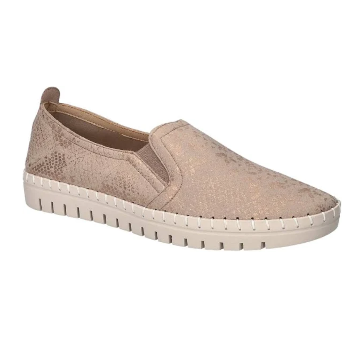 The Fresh Slip On Tennis Shoe in Champagne Snake by EASY STREET features a single beige slip-on with a textured pattern, Easy Motion footbed, lightweight outsole, and white grooved sole.