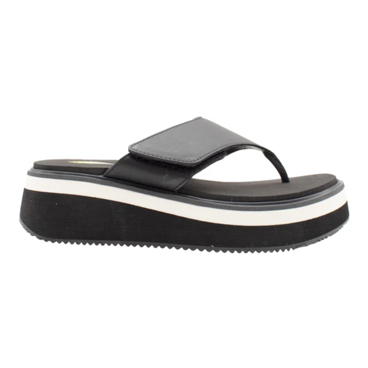 Introducing the Shitake Wedge Flip Flop in Black by Volatile, featuring a chic platform design with a thick sole and wide strap, perfect for those who crave style and comfort.