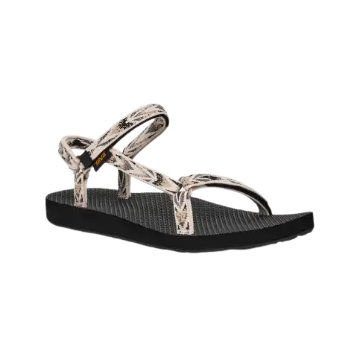 A Universal Slim Sandal by TEVA in Archive Wings White/Black features adjustable black quick-dry straps from recycled plastic with a sleek sole, viewed from the side.