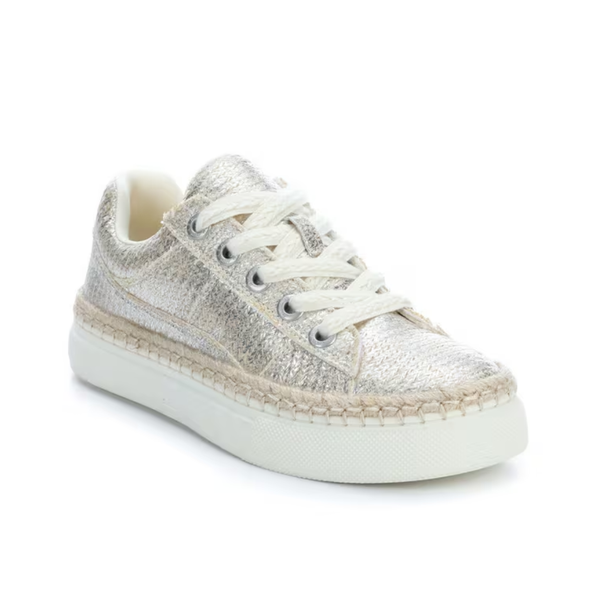 The Blowfish Northshore Metallic Coated Sneakers in Silver combine style and comfort with white laces, a cushioned footbed, textured upper detailing, and stitching around the base.