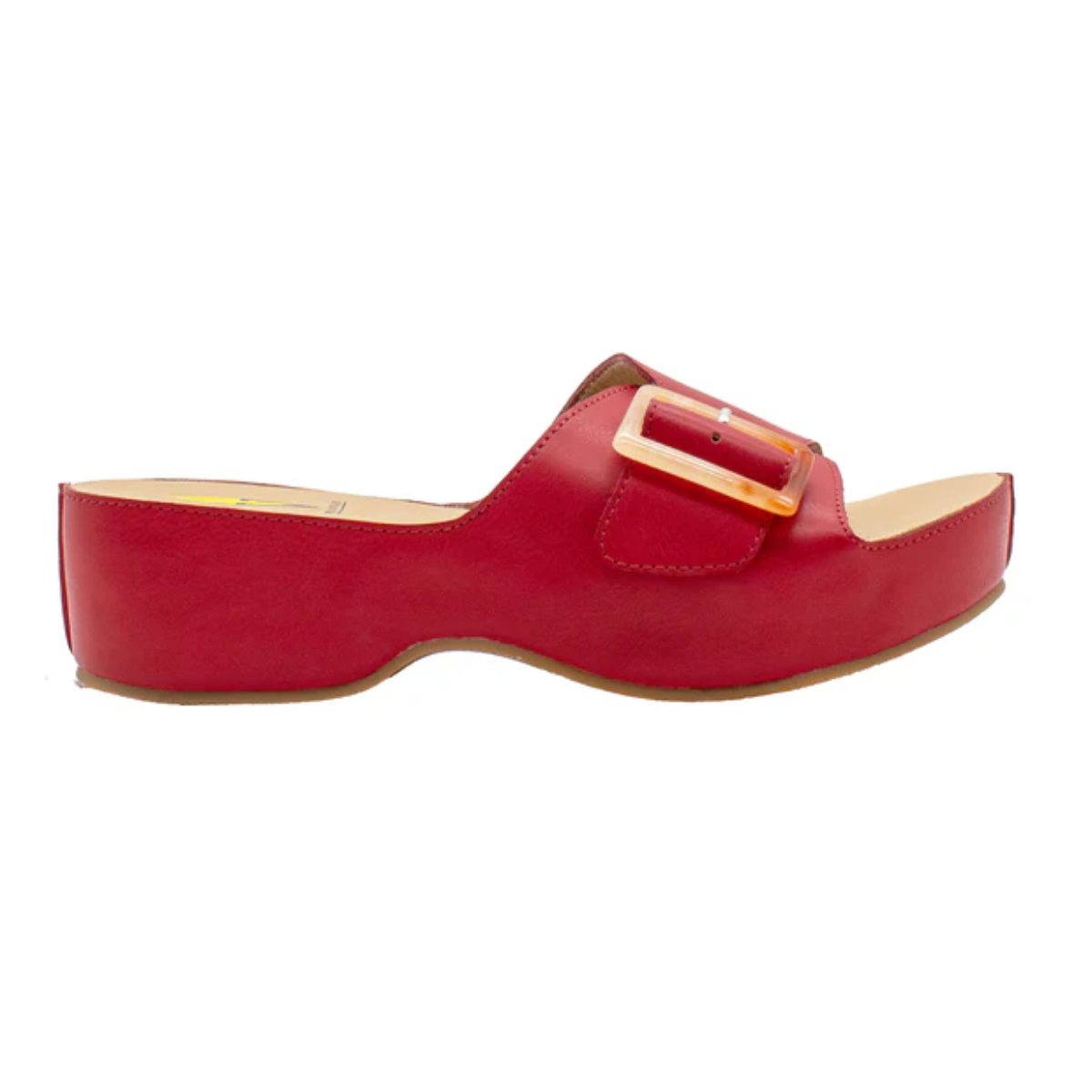 Side view of the Bertha Slide Sandal in Red by Volatile, featuring a square tortoise shell buckle on the strap and a cushioned EVA insole for comfort. (PV Footwear).