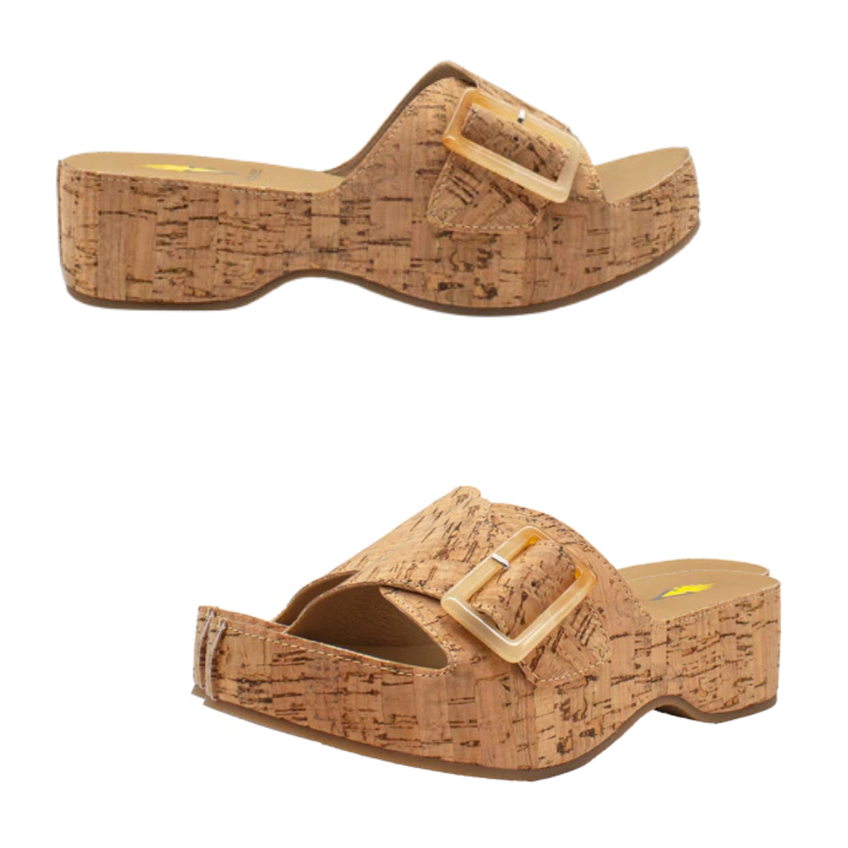 PV Footwear's Bertha Slide Sandal in Natural Cork by Volatile features chunky heels and tortoise shell buckles, displayed in side and three-quarter views against a white background.