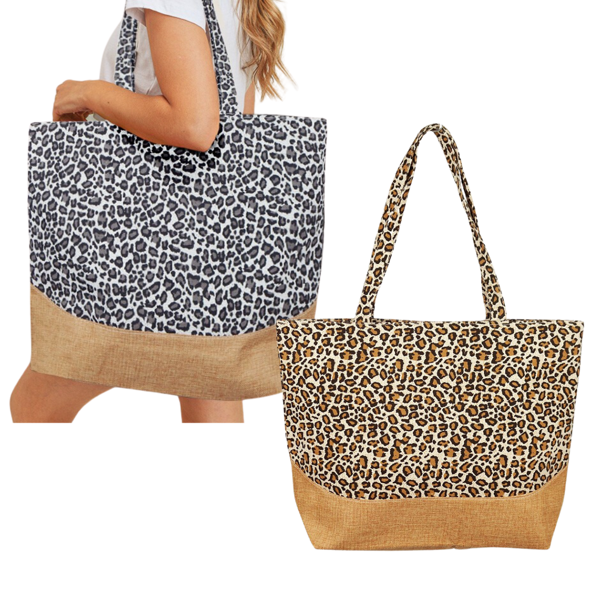 Two Leopard Print Jute Tote Bags from FASHION GO with brown base sections; one is held by a person wearing a white shirt, while the other is on display. These stylish accessories embody the wild allure of leopard print, making them perfect for adding a bold touch to any outfit or setting.