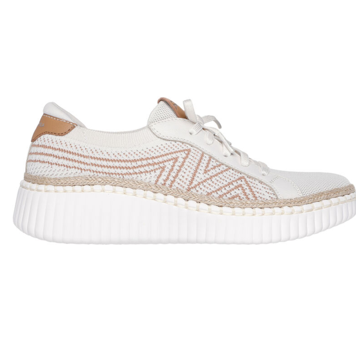 The Wilshire Blvd - Bellevue Sneaker in Off White by SKECHERS features a thick white sole and patterned knit upper with laces. Made from vegan materials, it provides ultimate comfort with air-cooled memory foam, perfect for eco-conscious footwear enthusiasts.