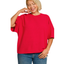 A person wearing the Zenana Double Knit Short Sleeve Top Plus Sizes in bright red and blue jeans smiles with eyes closed against a white background.