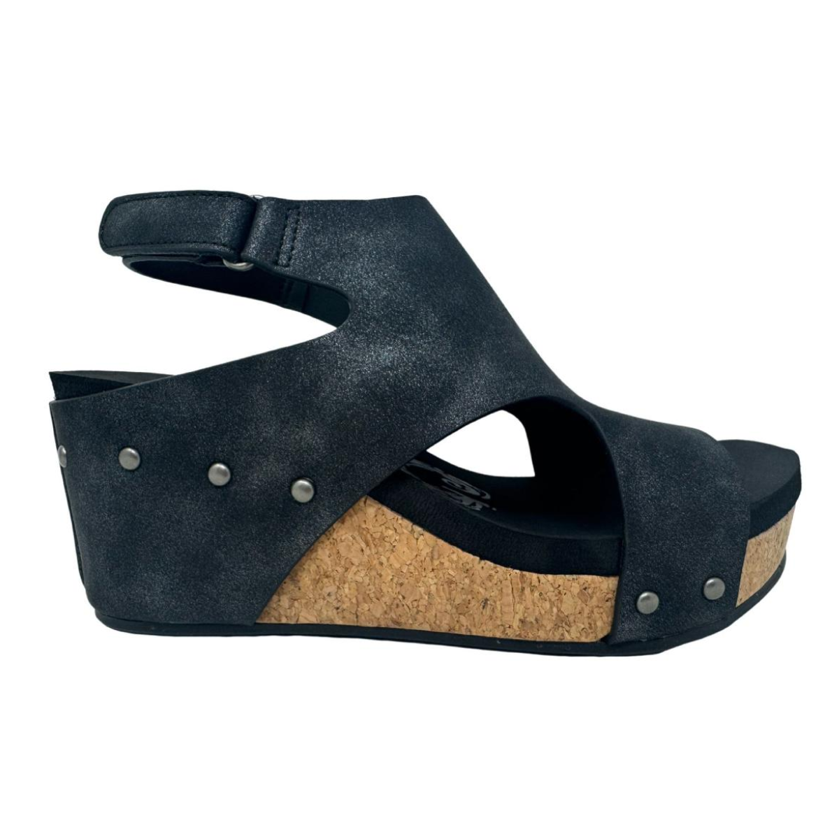 The Wally Wedge Sandal in Black by VERY G features an open-toe design, adjustable Velcro closure, cork platform, and silver side studs.