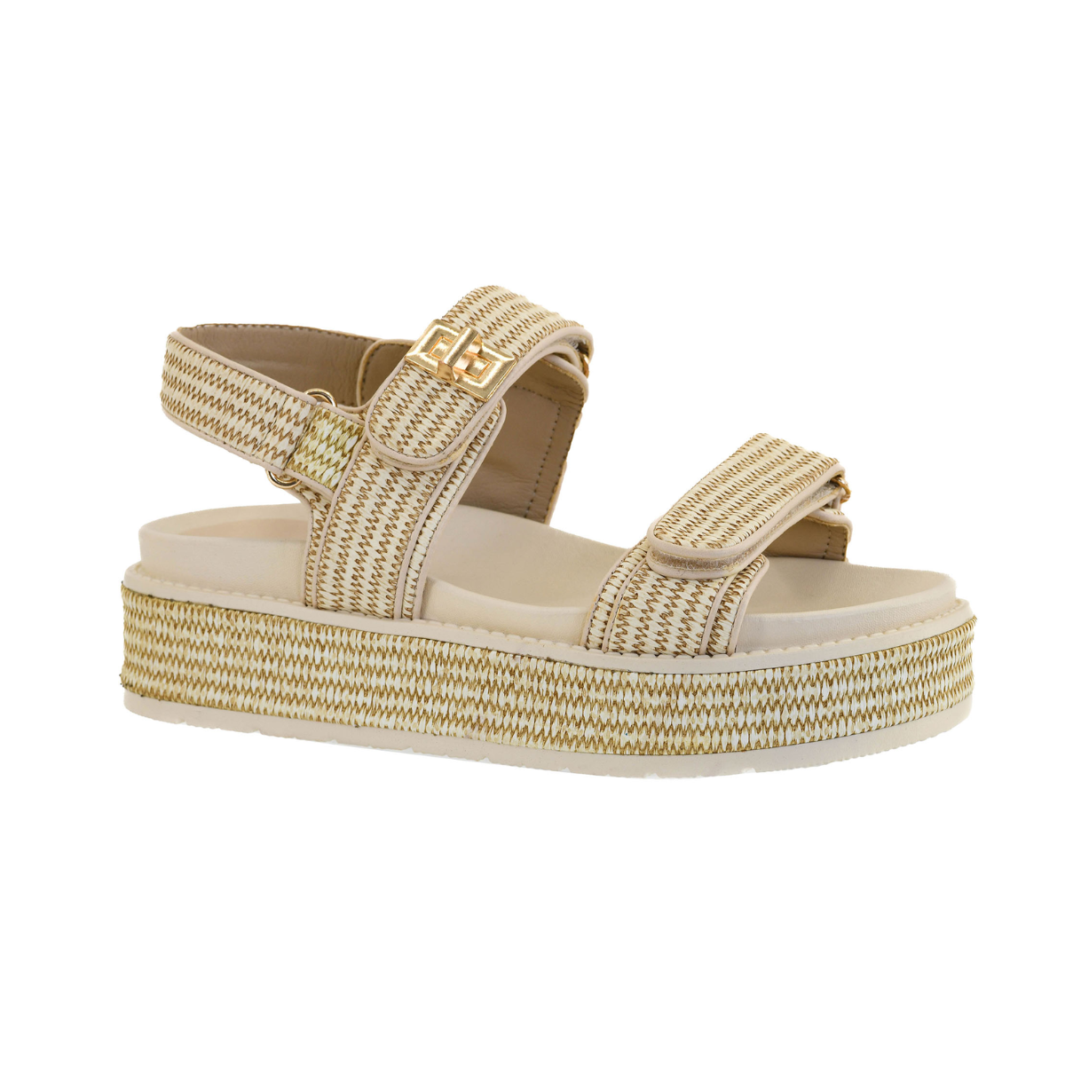The Corkys Go For It Sandal in Sand Raffia by CORKY'S FOOTWEAR is a chic platform sandal featuring trendy raffia texture, adjustable straps, a buckle, and a thick sole with gold accents.